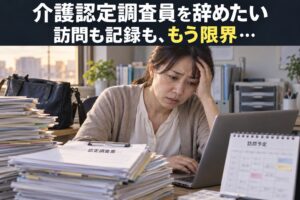 訪問から戻り調査票と記録の負担に悩む介護認定調査員のイメージ（AI生成）