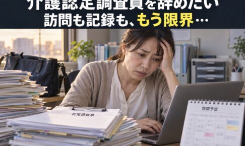 訪問から戻り調査票と記録の負担に悩む介護認定調査員のイメージ（AI生成）