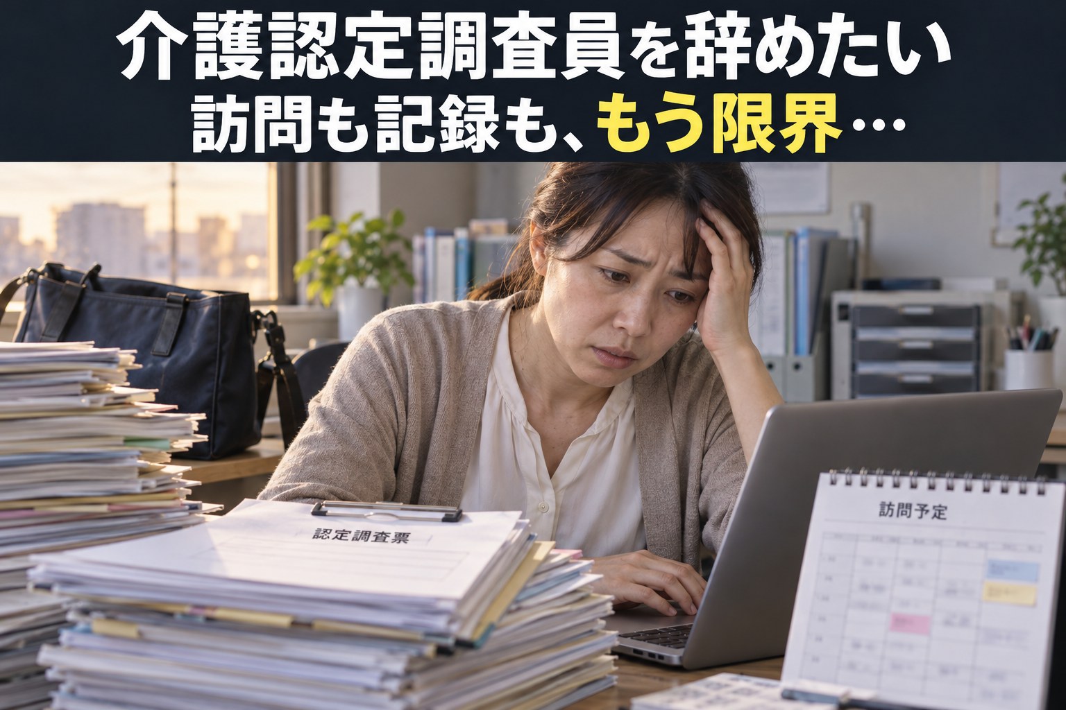 訪問から戻り調査票と記録の負担に悩む介護認定調査員のイメージ（AI生成）