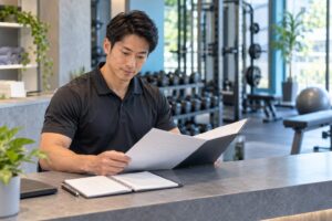 ジムで契約書類と予約を確認するパーソナルトレーナーのイメージ
