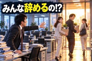 「みんな辞めるの!?」の文字と、私物入りの箱を抱えて退職する同僚に手を伸ばす会社員（AI生成イメージ）