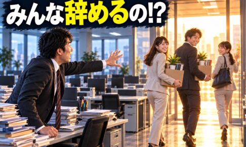「みんな辞めるの!?」の文字と、私物入りの箱を抱えて退職する同僚に手を伸ばす会社員（AI生成イメージ）