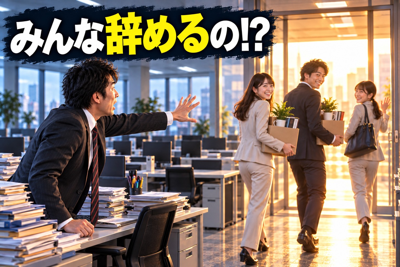 「みんな辞めるの!?」の文字と、私物入りの箱を抱えて退職する同僚に手を伸ばす会社員（AI生成イメージ）
