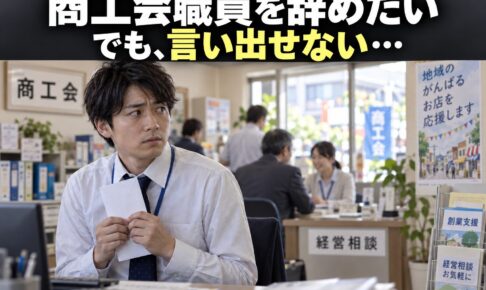 商工会の経営相談窓口で退職を言い出せず悩む職員のイメージ（AI生成）