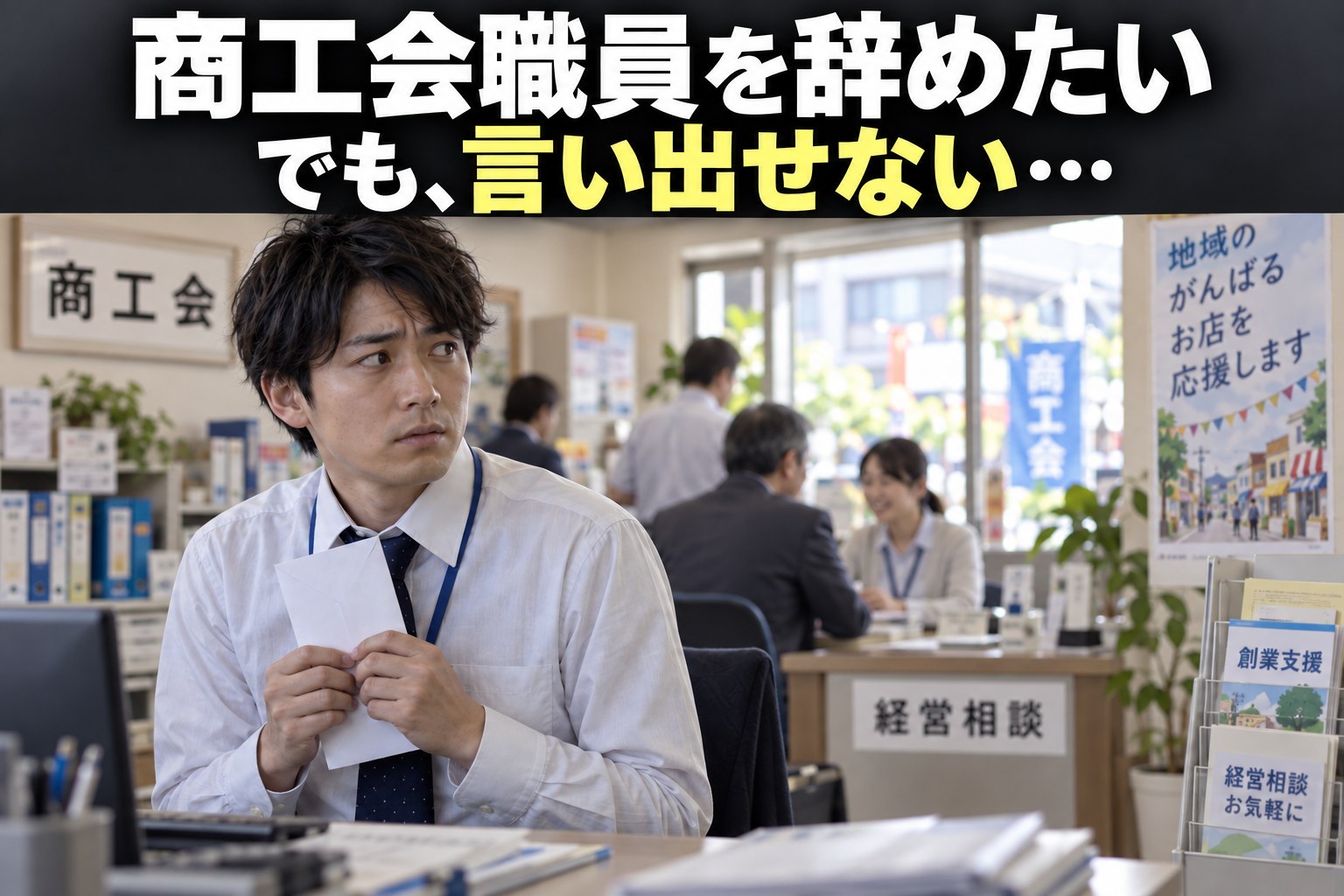商工会の経営相談窓口で退職を言い出せず悩む職員のイメージ（AI生成）