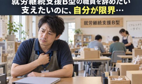 支えたい気持ちと自身の限界に悩む就労継続支援B型職員のイメージ（AI生成）