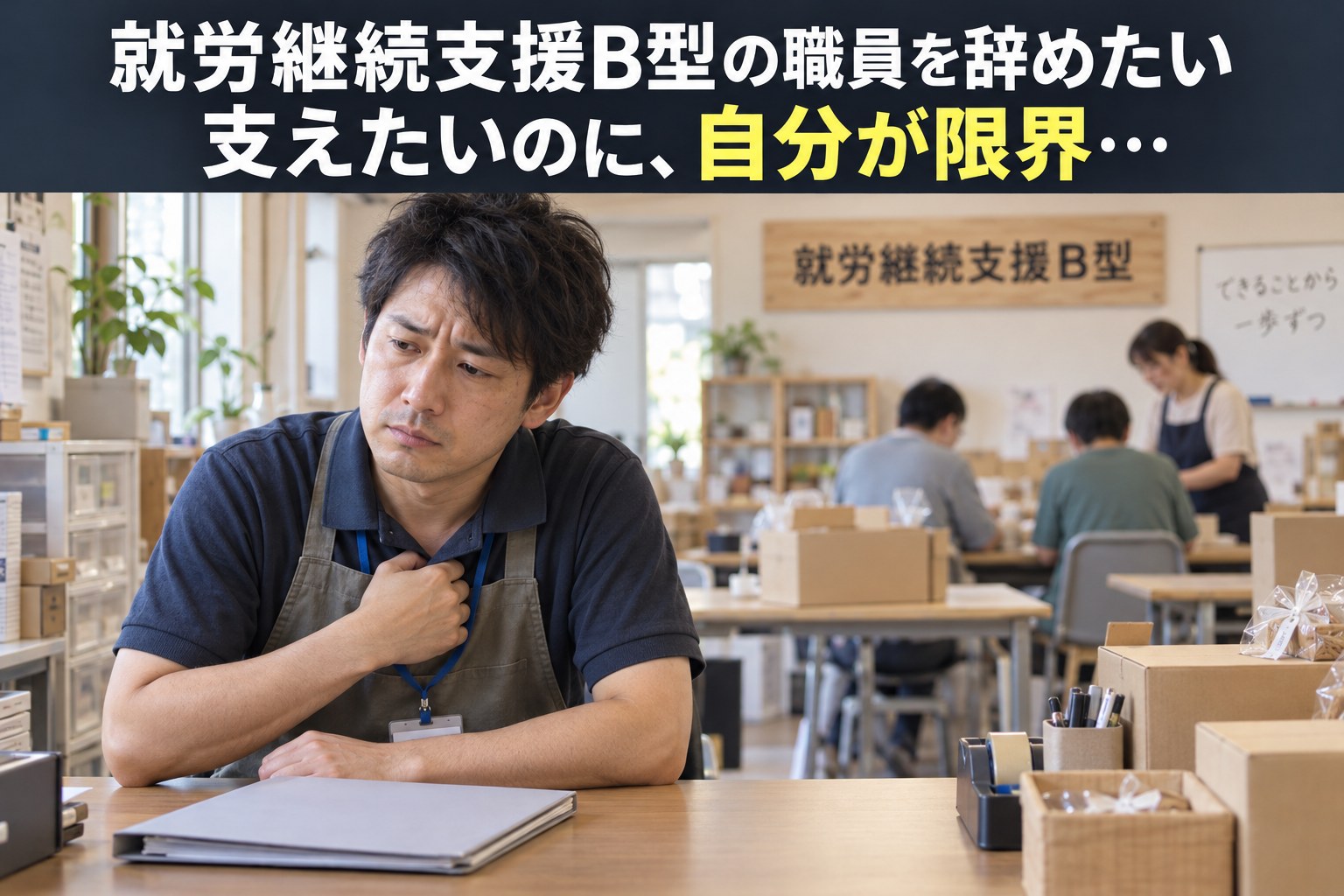 支えたい気持ちと自身の限界に悩む就労継続支援B型職員のイメージ（AI生成）